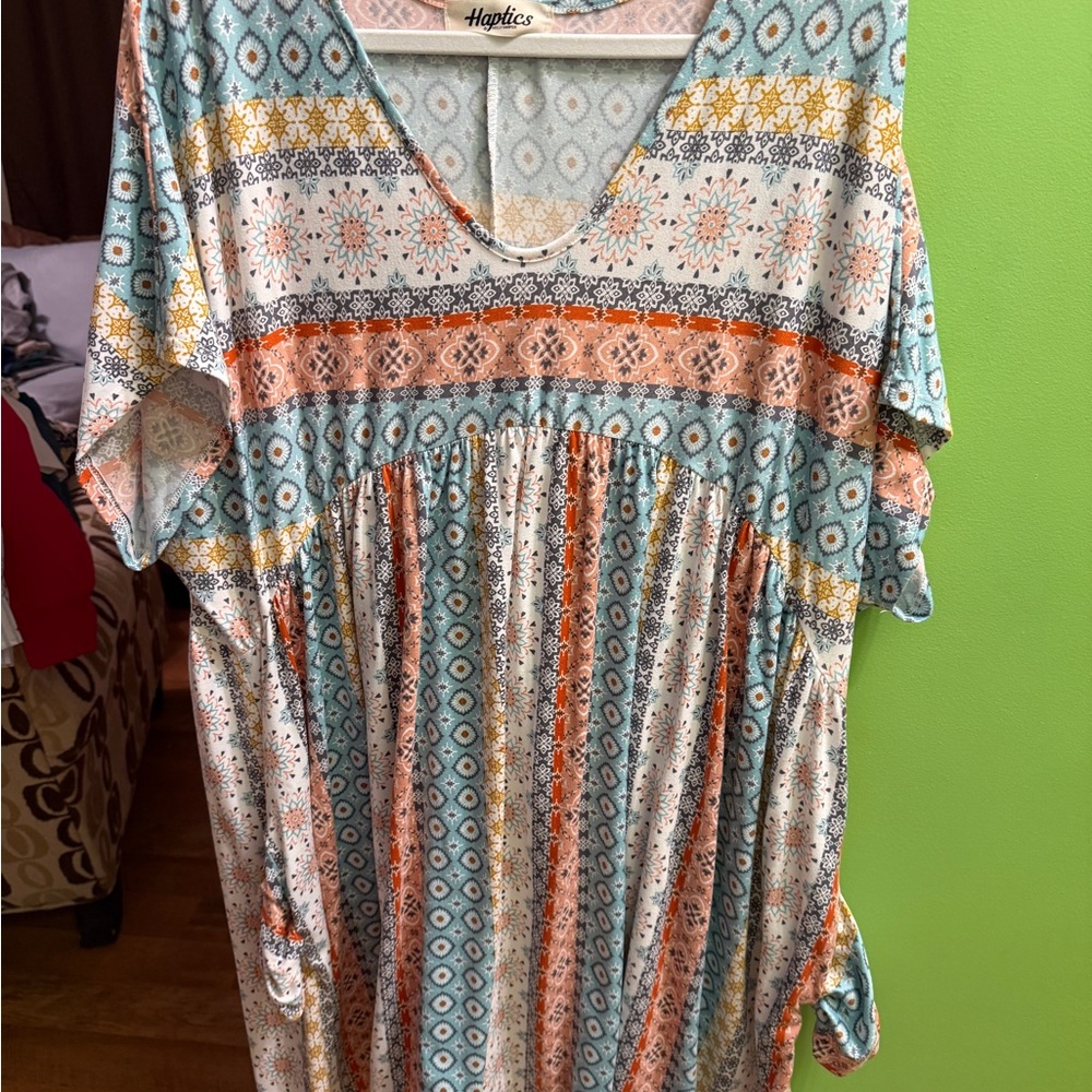 Haptics Blue & Orange Printed Midi Dress with V-Neck